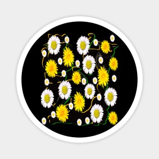 Black Cat green and yellow silhouette on top of wildflowers feelings pattern black cats  among dandelions And daisies floral bright flowers of spring and summer Magnet